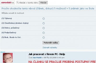 Odeslaná anketa umístěná nad prvním příspěvkem každé strany diskuse - pro zvětšení klikni