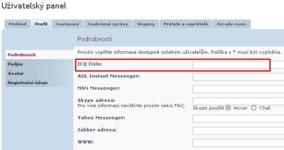 Nastavení Vašeho ICQ čísla - pro zvětšení klikni