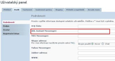 Nastavení identifikace &quot;AOL Instant Messenger&quot;