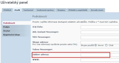 Nastavení &quot;Jabber&quot; adresy - pro zvětšení klikni