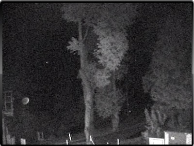 Noční obraz z ICA-310, celá scéna je mírně nasvícena pouliční lampou vlevo (mimo obraz), světlá místa na protějším stromě jsou již zásluhou IR přísvitu s dosahem až 30m.