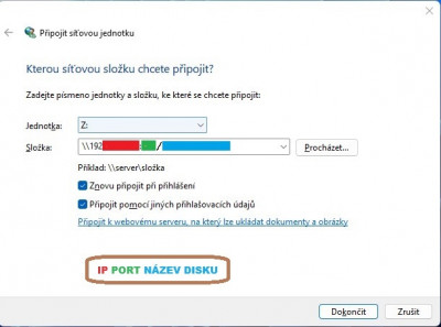 Dialog na nastavení cesty na síťový disk